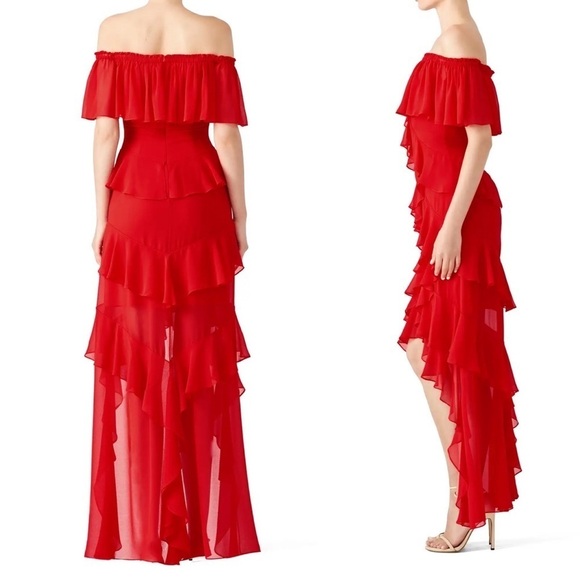 Badgley Mishka Red Off Shoulder Ruffle Gown Size 4 - Picture 2 of 10